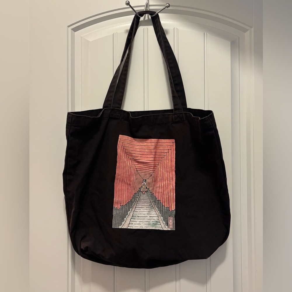 Red and Black Cotton Tote Bag with Abstract Geisha Design